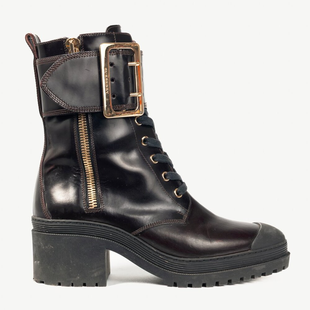 Burberry Scarcroft 50 Bordeaux Buckled Glossed-Leather Combat Boots